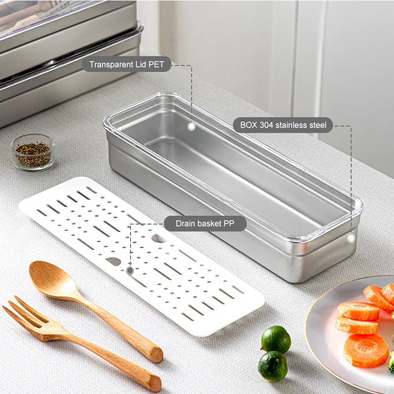 boîte rangement ustensiles cuisine acier inoxydable moderne argentée drain basket