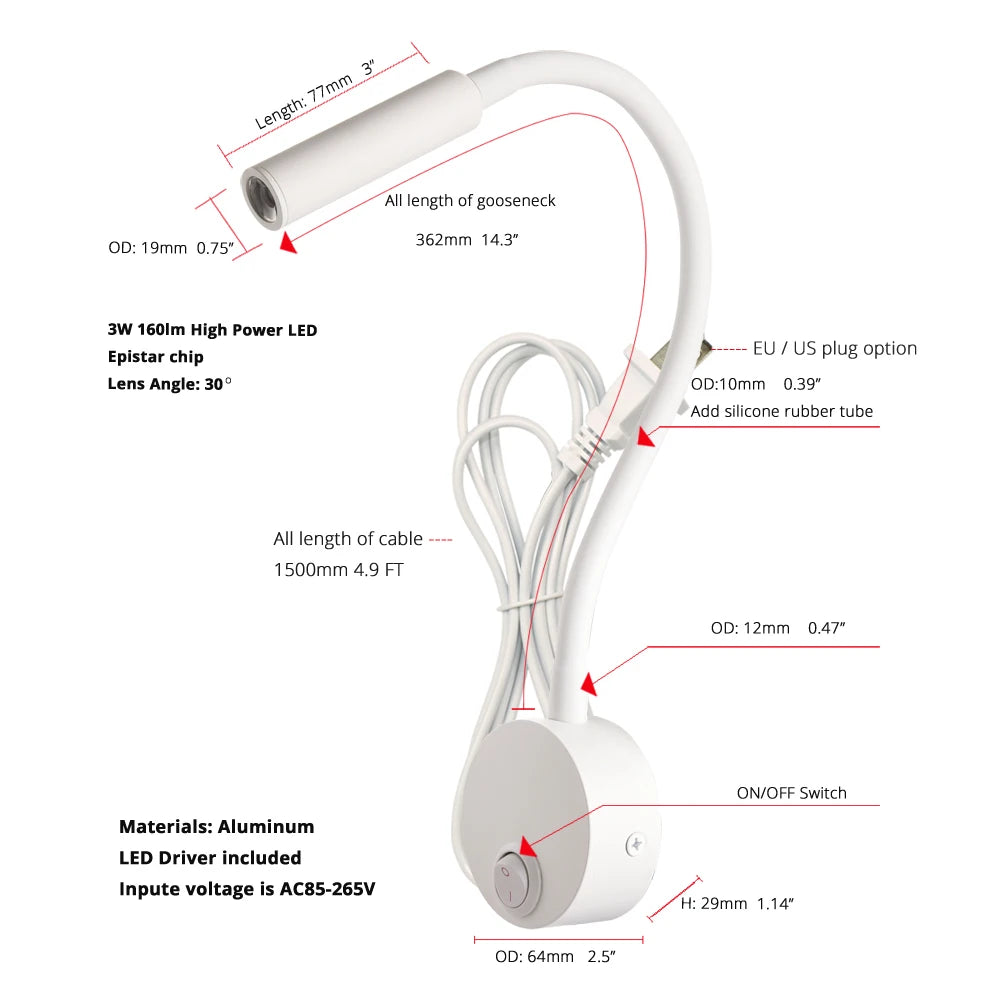 lampe murale led blanche moderne aluminium interrupteur cable chambre salon cuisine
