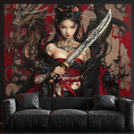 toile d'art manga femme tatouée épée dragons motifs floraux moderne polyester chambre salon decoration