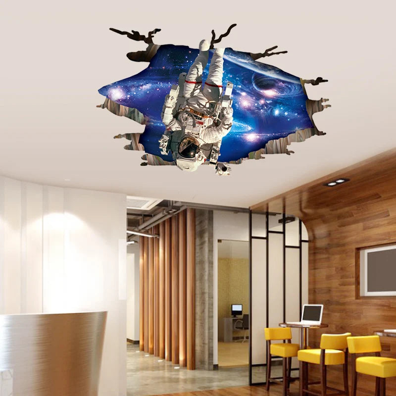 sticker mural 3d multicolore planètes étoiles ciel nocturne nuages effet trompe l’oeil chambre moderne