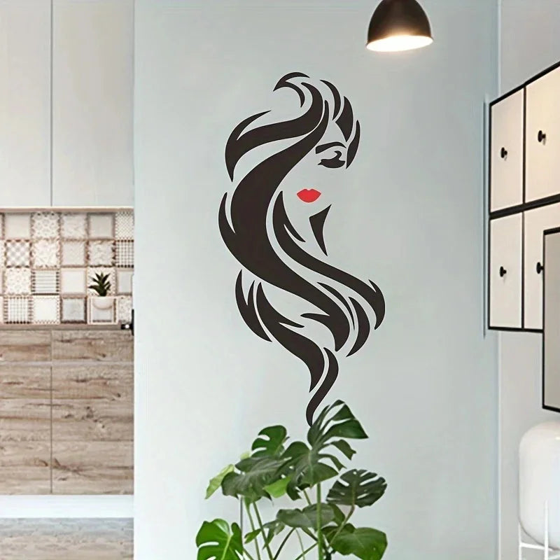 sticker mural art moderne silhouette femme cheveux stylisés noir rouge chambre salle bain pvc