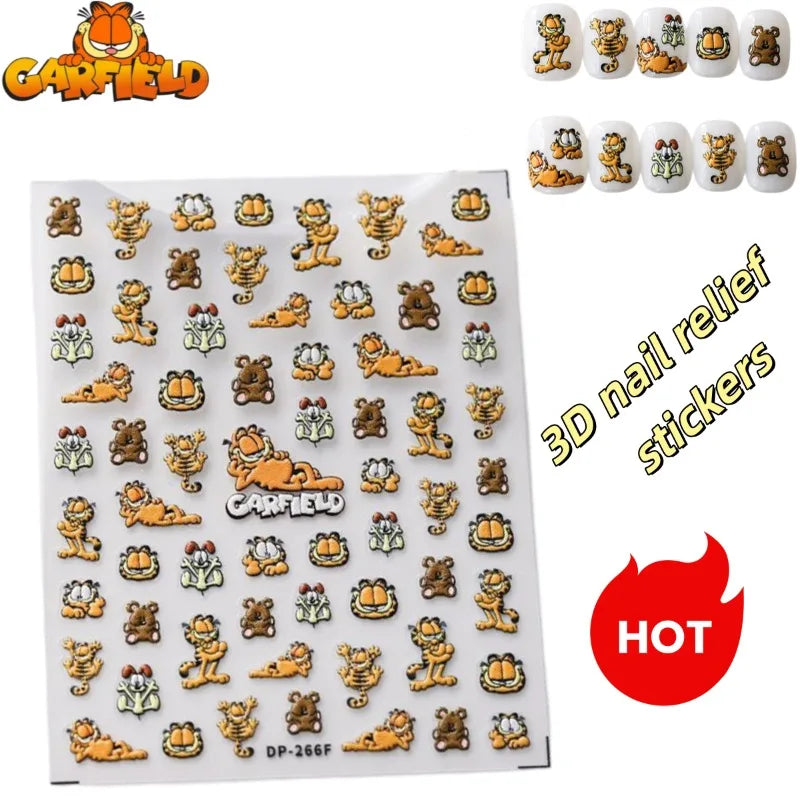 autocollants ongles garfield dessins animés orange blanc vert marron noir adhésifs cartoonaufs ongles DIY