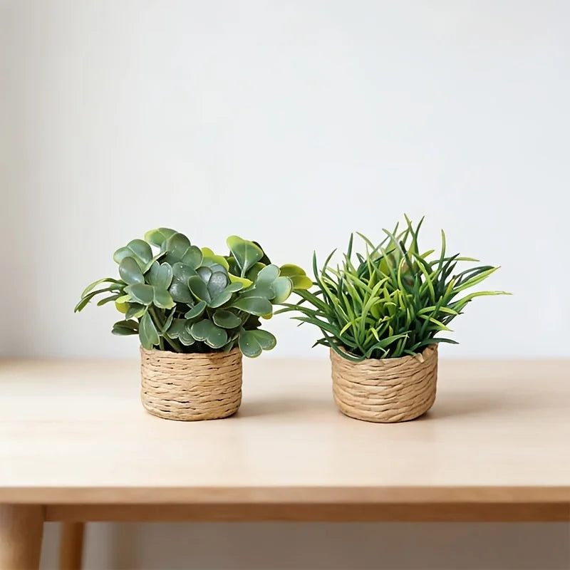 décoration intérieure pot plante artificielle miniature feuilles vert texturées pot tressé rustique