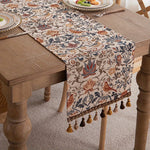 tableau decoratif floral oiseaux franges pompons beige marron bleu orange rustic boheme 33x180cm