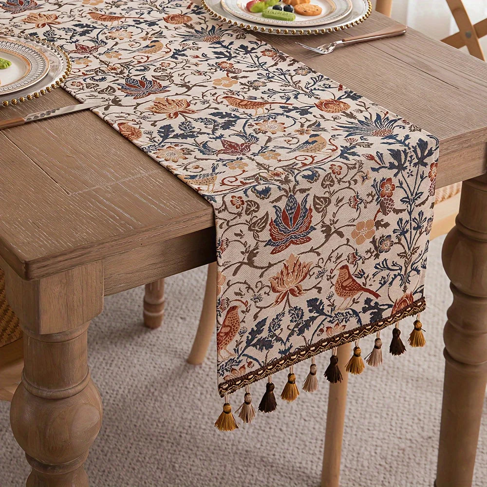 tableau decoratif floral oiseaux franges pompons beige marron bleu orange rustic boheme 33x180cm