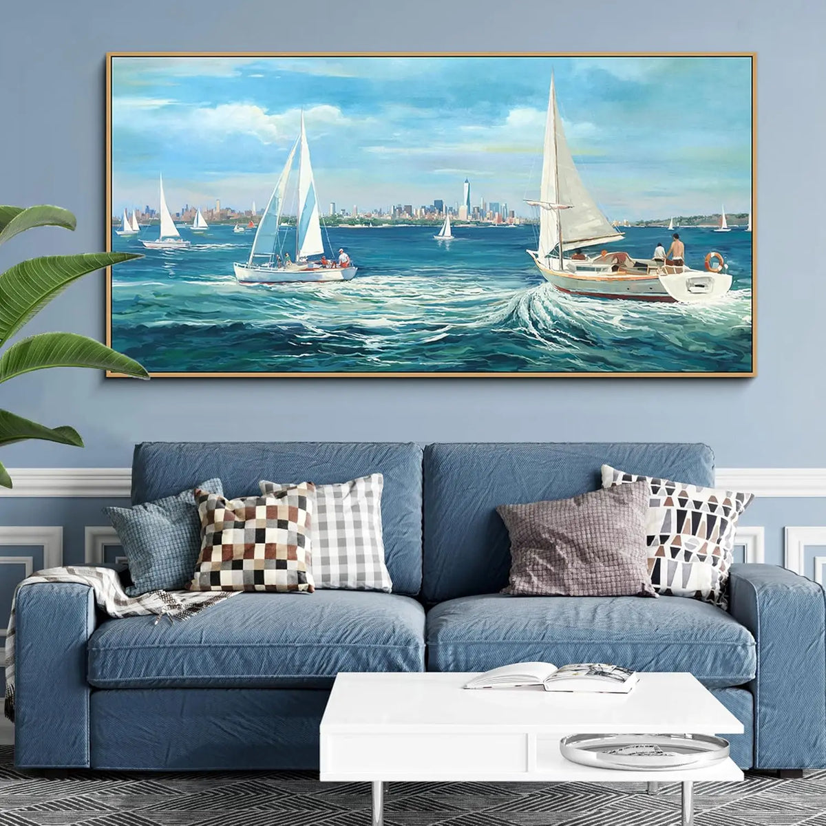 toile d'art paysage marin voiliers bleu ciel nuages salon chambre