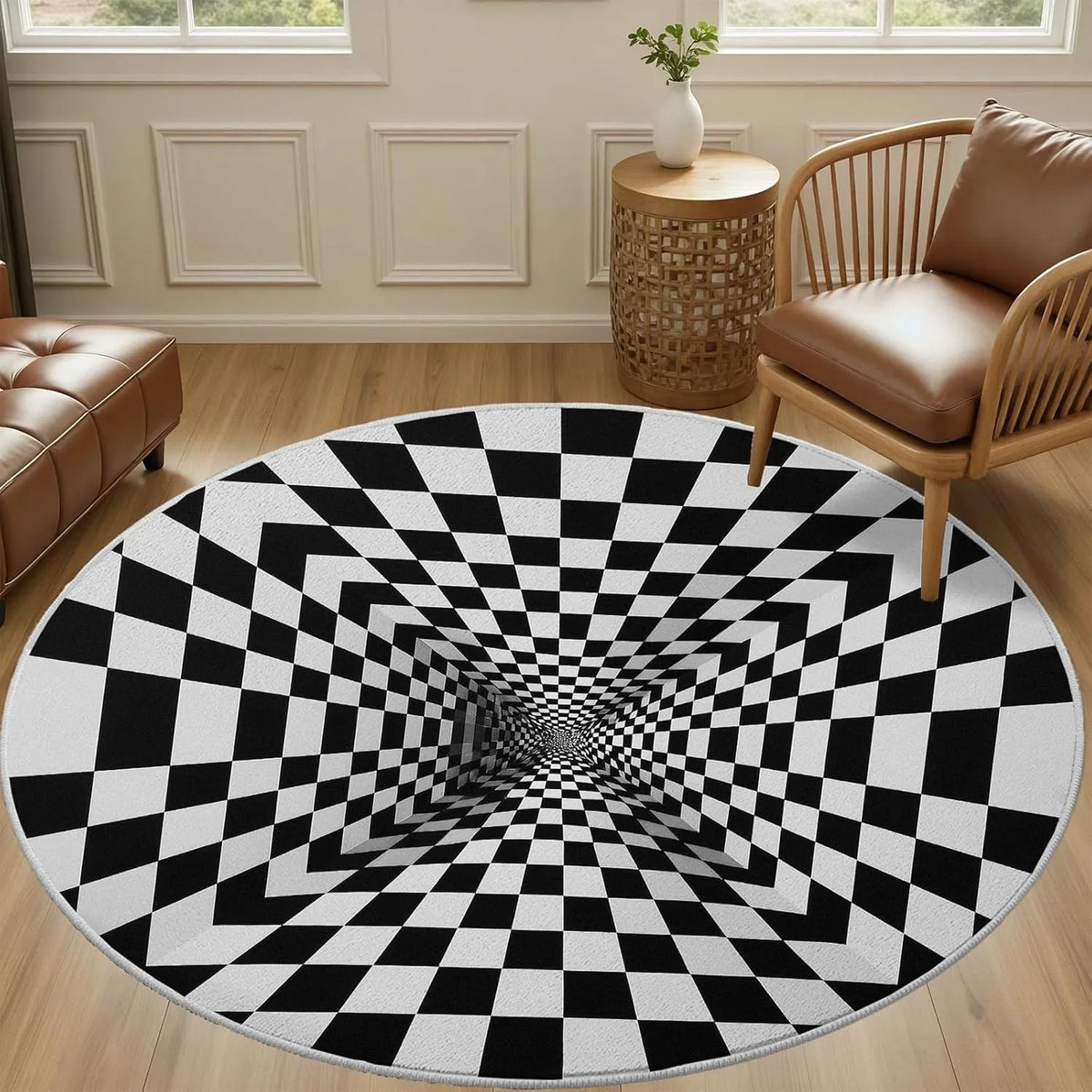 tapis rond moderne optique points carreaux noir blanc orange bleu 80x80cm 120x120cm