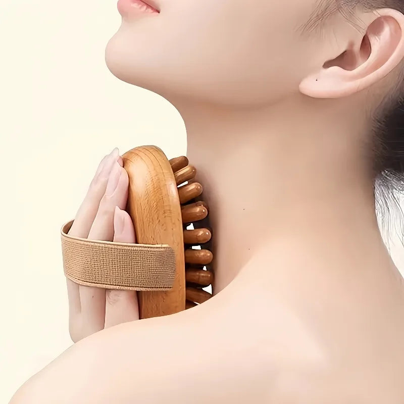 brosse massage relaxation corps bille bois surface rugueuse ceinture élastique marron gris praticité moderne