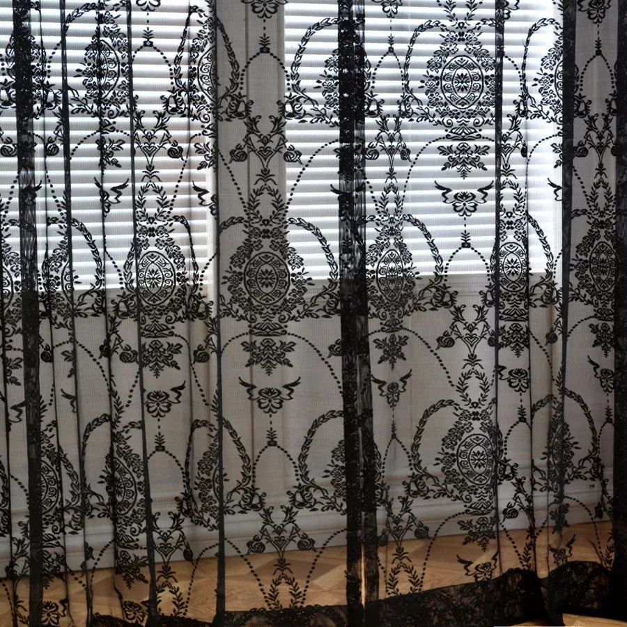 rideau noir blanc floral ajouré translucide classique élégant anneaux métalliques mur rideau fenêtre