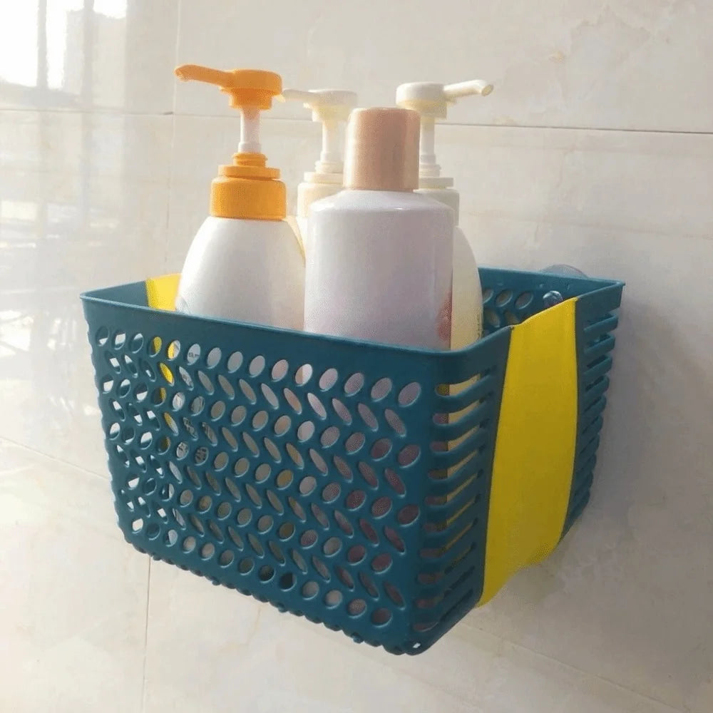 panier rangement bleu blanc perforé moderne ventilé poignées détachables adhésifs grilles bain plage utilitaire