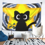 tapisserie murale moderne chat noir yeux blancs fond abstrait polyester lavable grande taille chambre