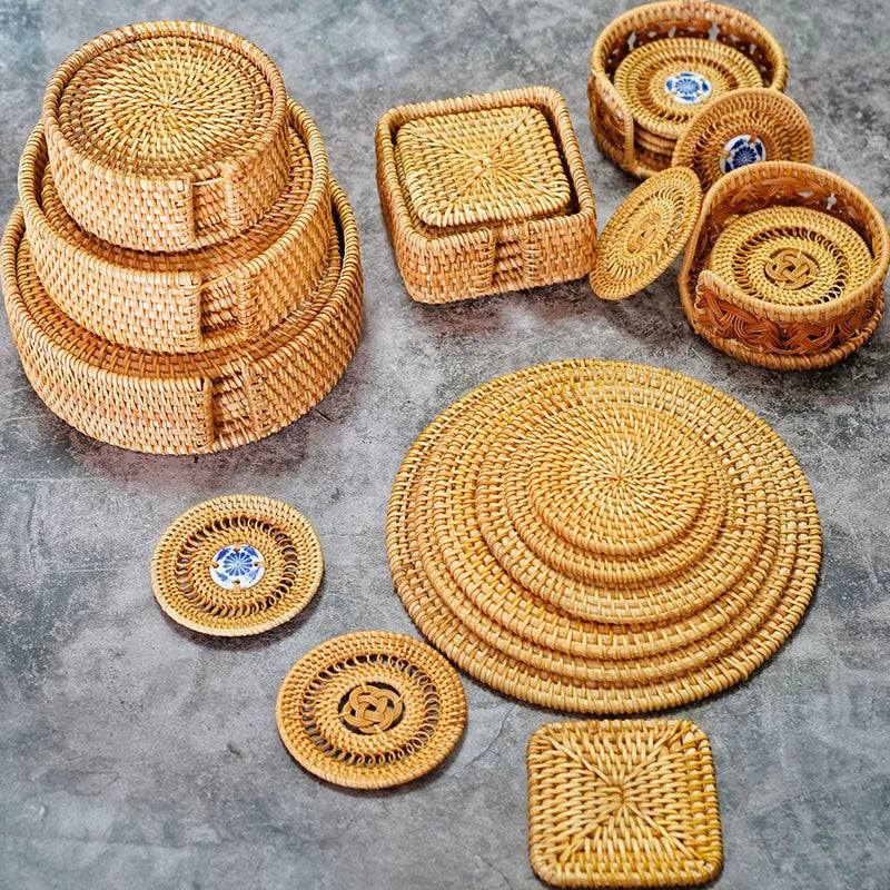 assiettes rondes coupelles tressées rotin naturel traditionnel rustique ensemble 8cm 10cm 13cm 16cm 18cm