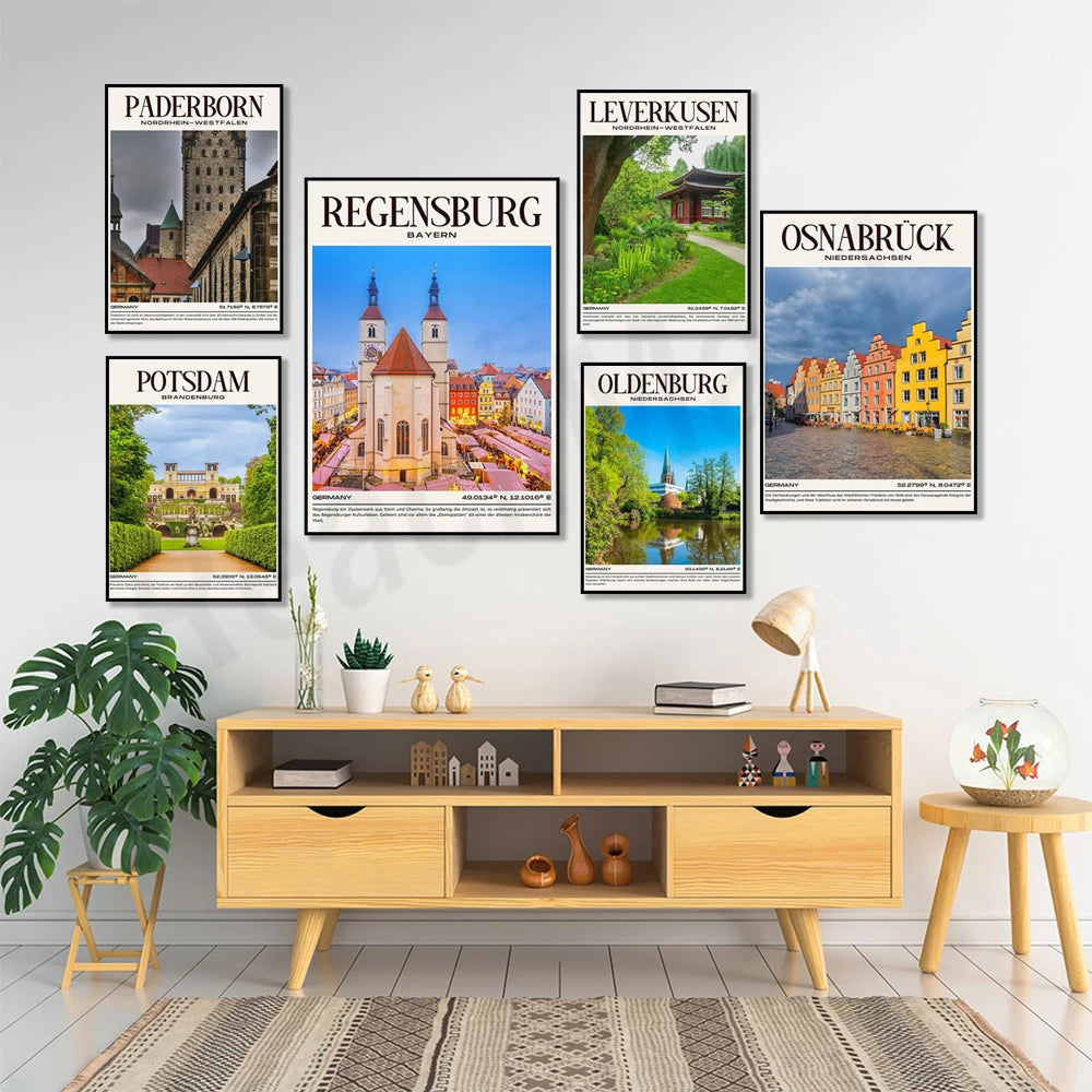 Magnifique collection d'affiches vintage représentant différentes villes d'Allemagne, mettant en valeur leurs attractions touristiques et leurs paysages pittoresques.