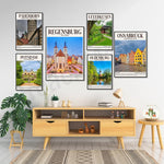 Magnifique collection d'affiches vintage représentant différentes villes d'Allemagne, mettant en valeur leurs attractions touristiques et leurs paysages pittoresques.