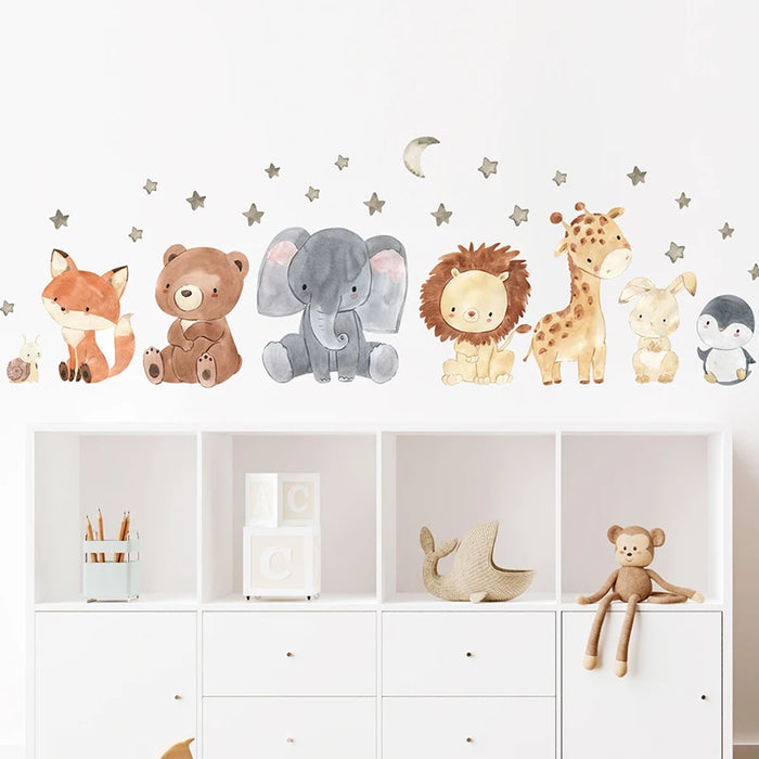 autocollant mural animaux forêt girafe éléphant ours renard décoration chambre enfant pastel dessin animé