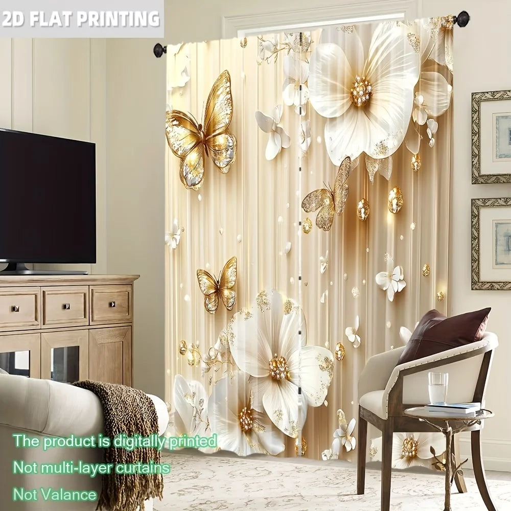 rideau imprimé papillon doré moderne élégant résistant l'eau 100% polyester beige doré blanc fleurs
