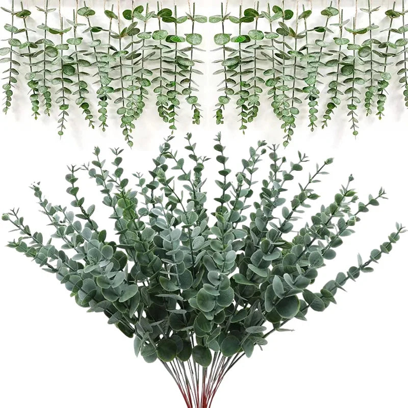 branche artificielle eucalyptus feuilles rondes vertes dorées décoration mariage centre table intérieur extérieur