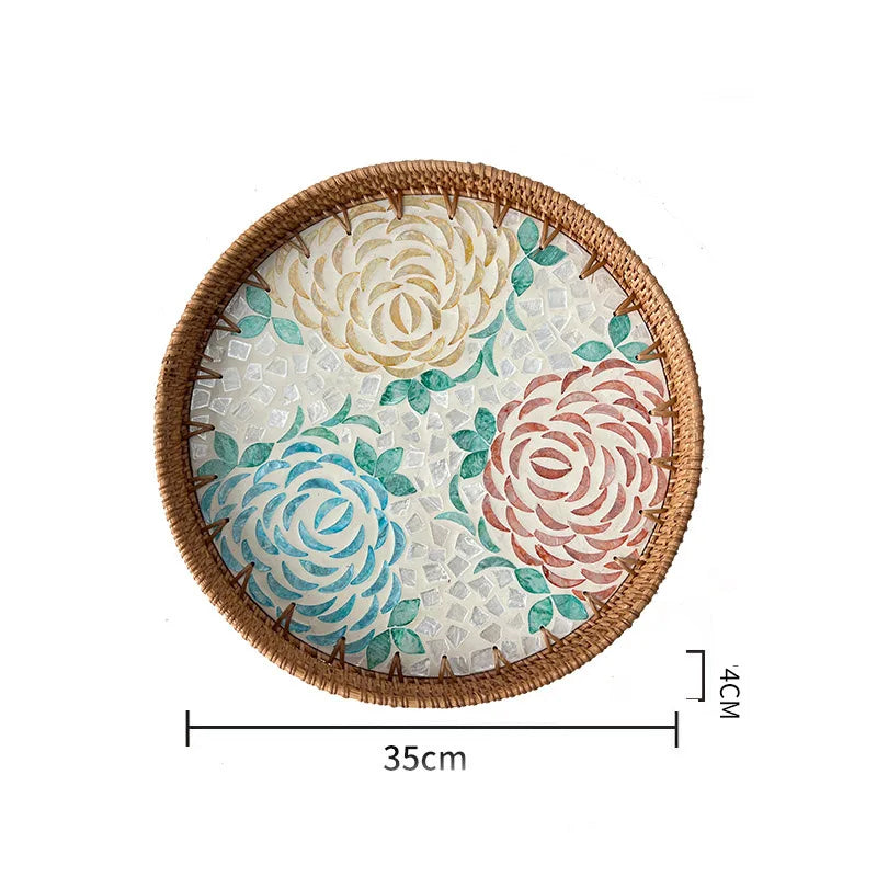 assiette plate décorative rotin tressé motif fleurs boho rustique couleur naturelle