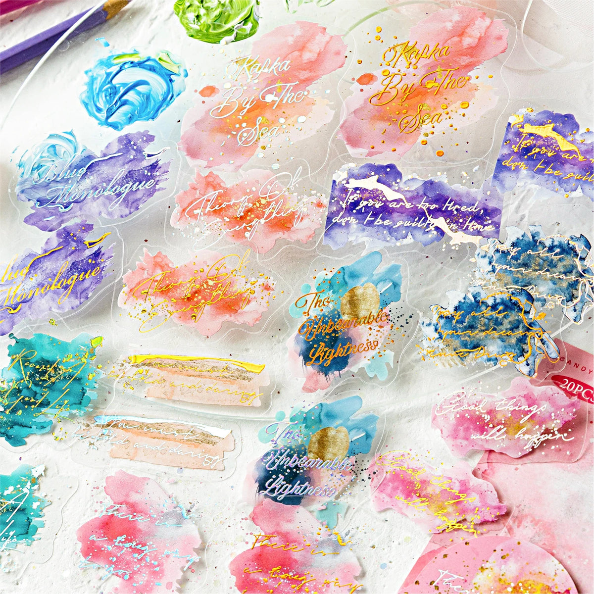 sticker floral abstrait adhésif bleu violet rose vert doré fleur étoile lune papillon