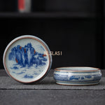 boîte thé bleu blanc rouge peinture chinoise artisanale tasse inclusion montagne fleur