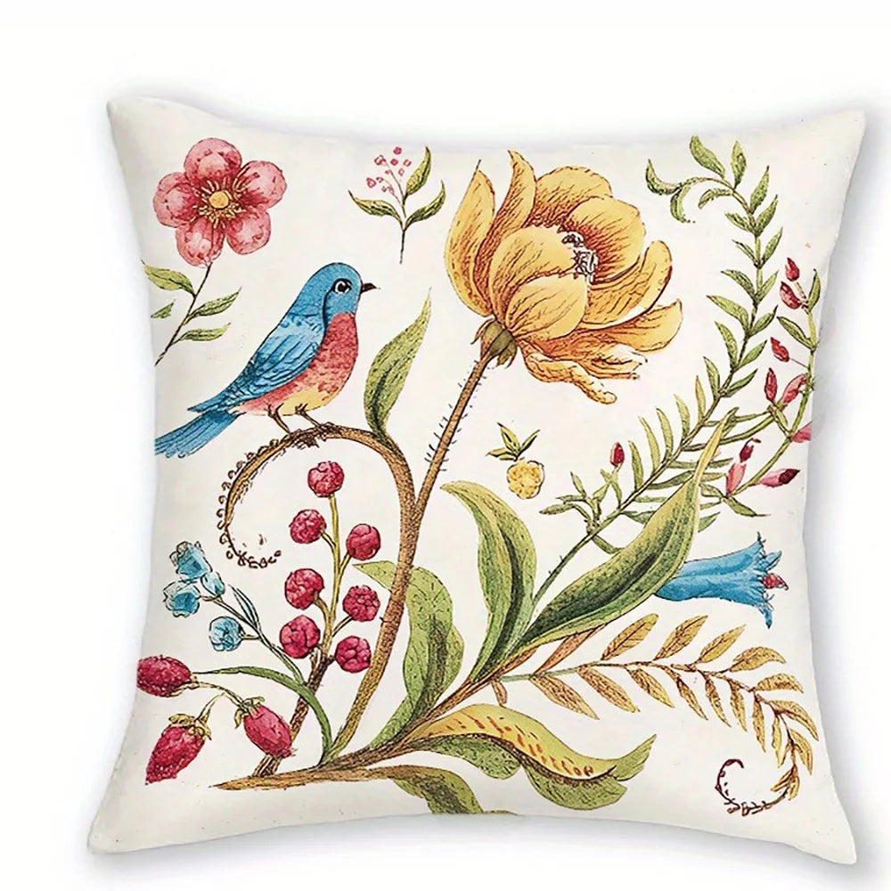 taies d'oreiller imprimées floral oiseaux papillons fleurs vintage beige clair motifs différents casa 40x40cm