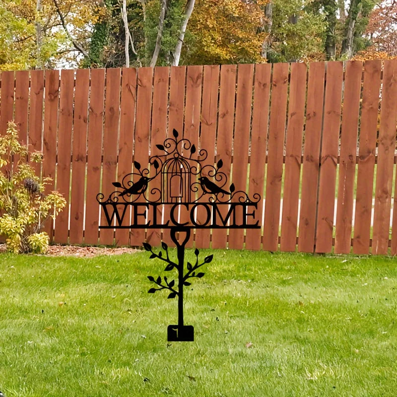 panneau welcome jardin rustique oiseaux cage lettres métal découpé vintageextérieur plantation sol decoration murale
