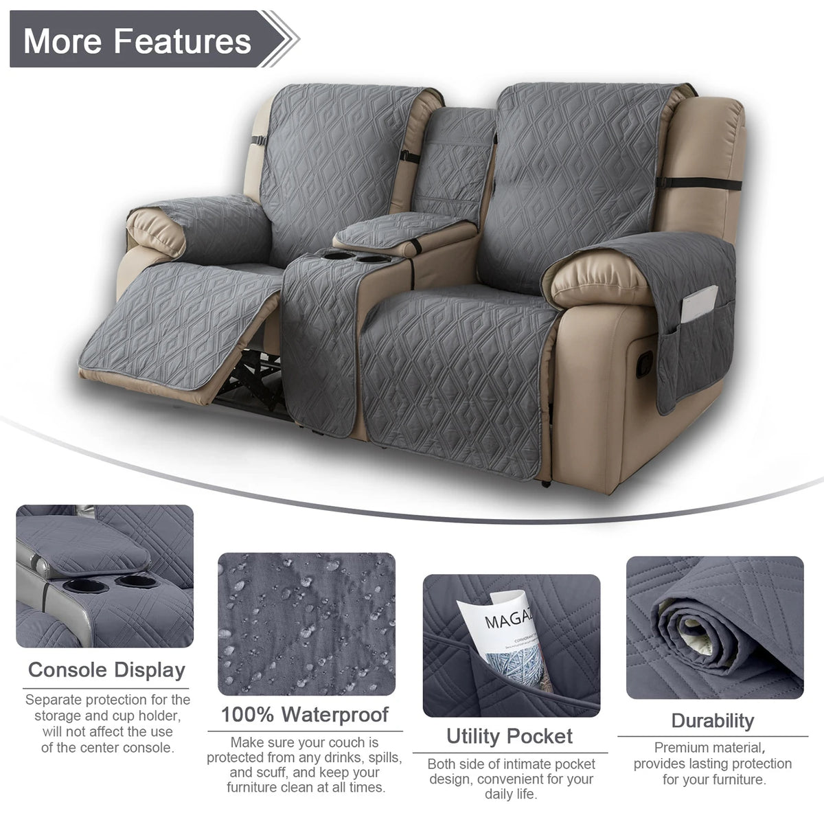 couvre siège fauteuil inclinable gris beige texture géométrique moderne bandes ajustables poche pratique
