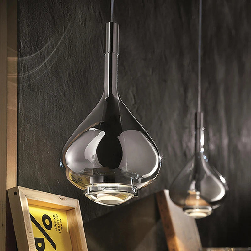 lampe suspendue moderne rose transparent fumé gris goutte forme allongée industriel fil apparent métal