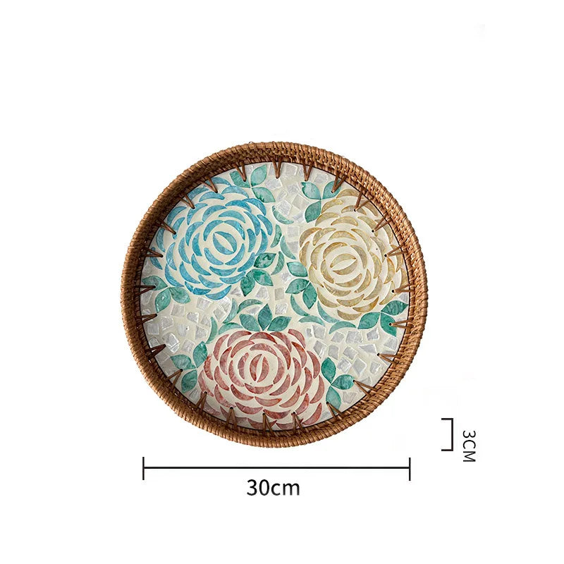 assiette plate décorative rotin tressé motif fleurs boho rustique couleur naturelle