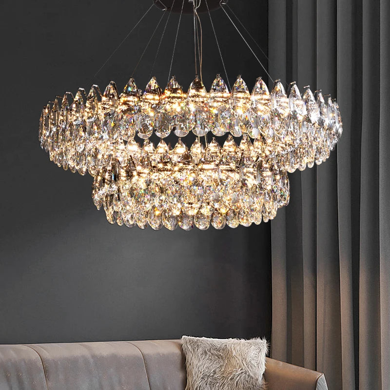 lustre suspension moderne cristal transparent rond lumière chaude salon salle manger