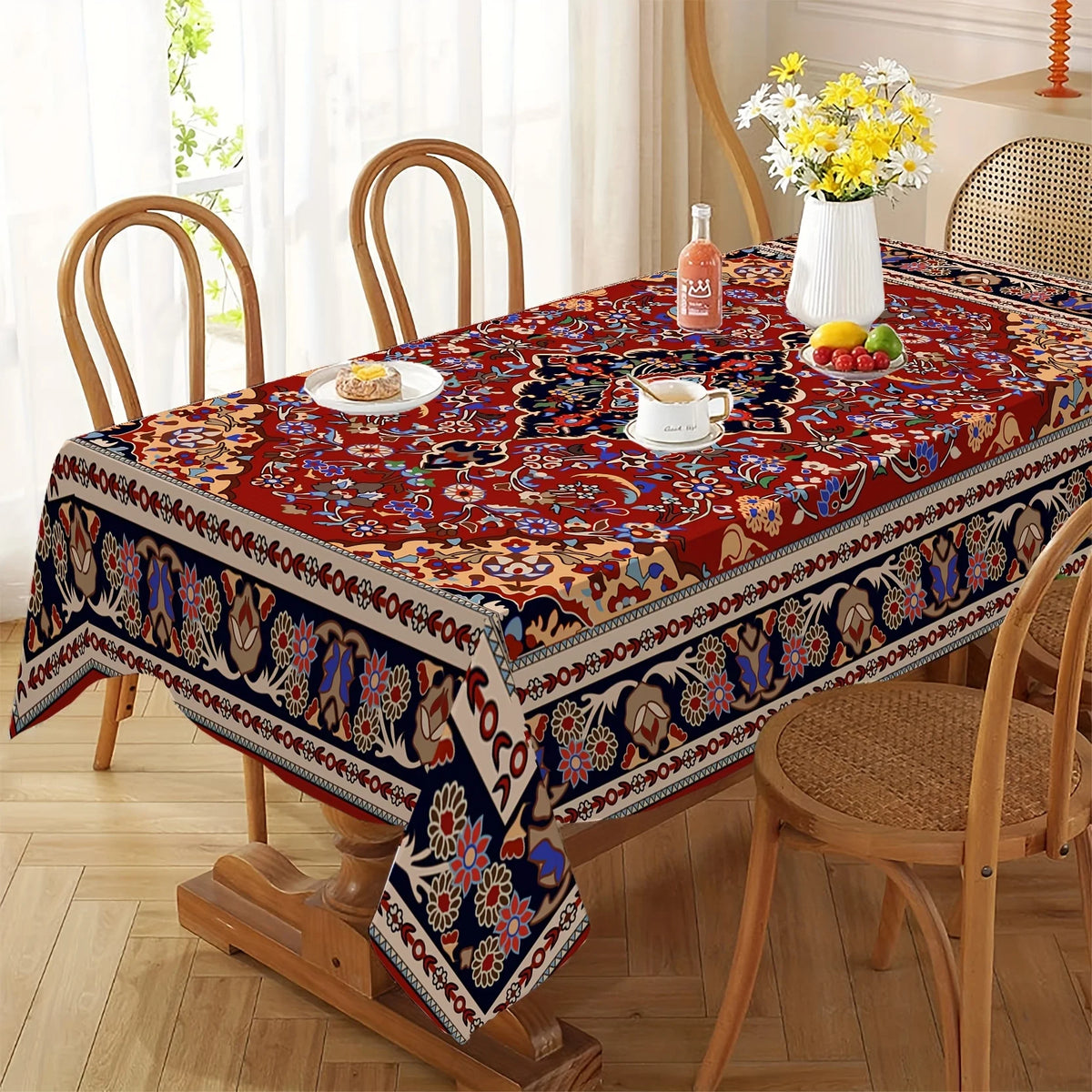nappe imperméable ornements floraux rouge noir bleu beige classique table réutilisable polyester tissage tat
