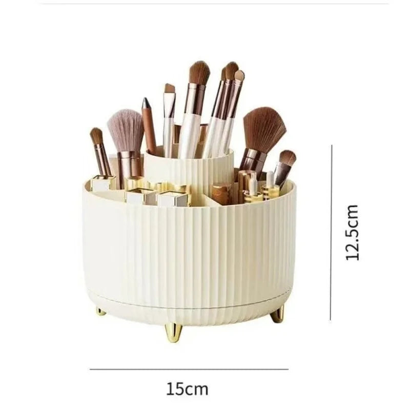 organisateur maquillage rotatif blanc rayures modernes pieds dorés pinceaux crayons stylos scies