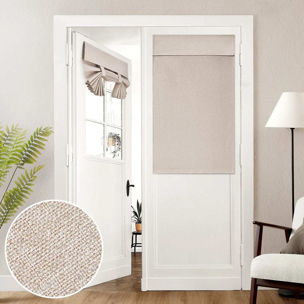 rideau porte français lin texturé solide beige clair taupe opacité variable latéraleintérieur branches pins