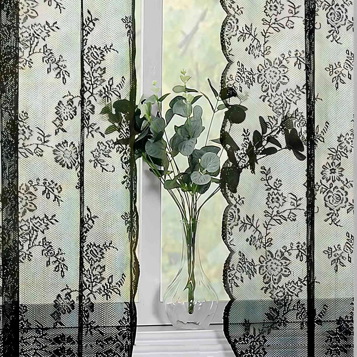 rideau dentelle noir motif floral transparent classique romantique salon chambre