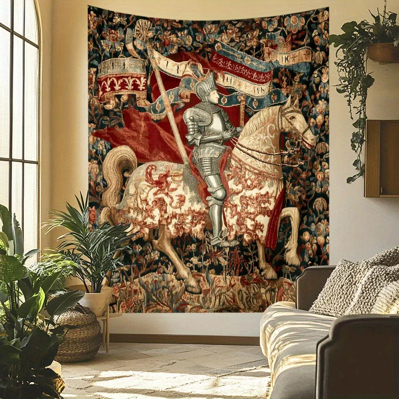 tapisserie renaissance chevalier cheval motifs floraux rouge beige intérieur extérieur salon chambre facile accrocher