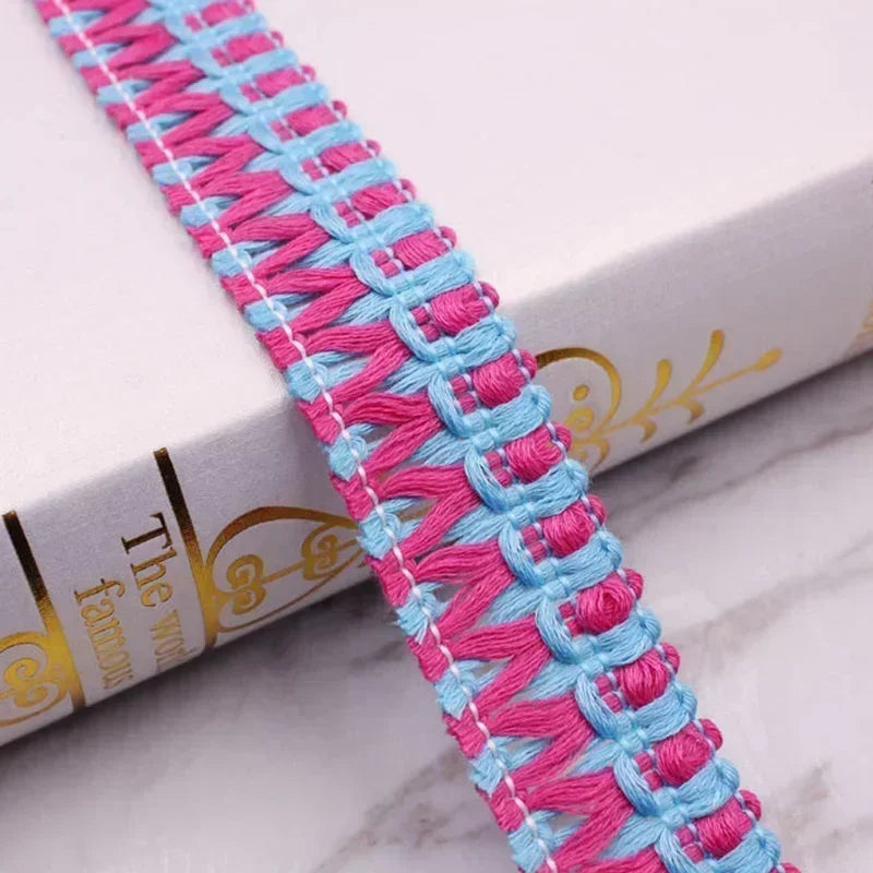 ruban tissé dentelle franges coton nylon bleu clair rose noir gris rayures horizontales artisanal