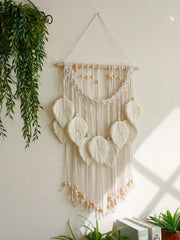 tenture murale macramé feuilles relief bois bohème naturel scandinave suspension