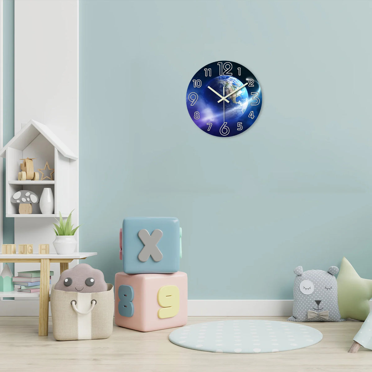 Horloge murale moderne Terre espace chiffres lumineux bois bleu vert noir 12 14 16