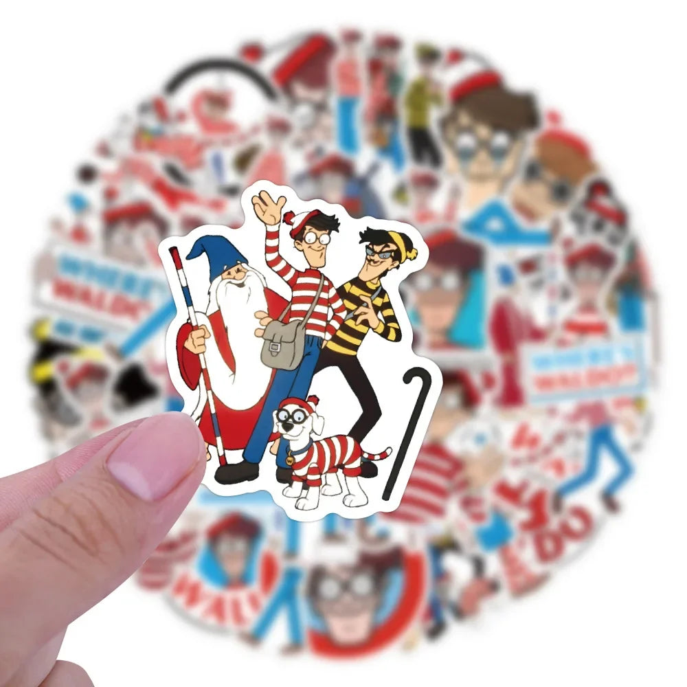 stickers étanches wheres waldo bleu blanc rouge personnages dessins animés humour cartoony adhésifs 50pcs
