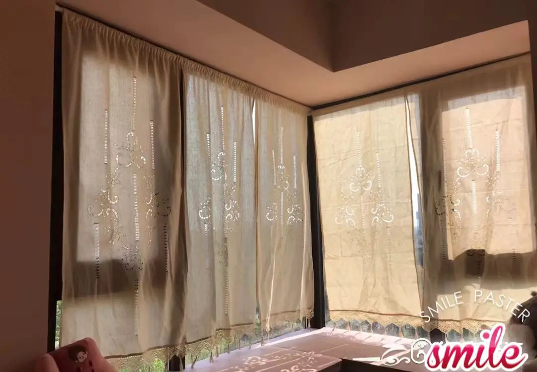 rideaux beiges broderies florales dentelle franges coton pastorales salon chambre semi transparents
