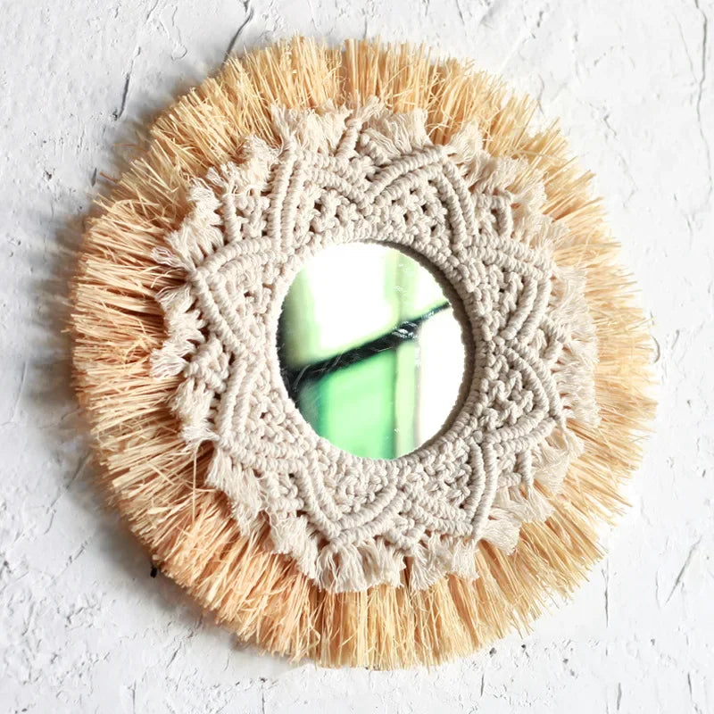 Miroir macramé tissé boho beige et jaune 35cm