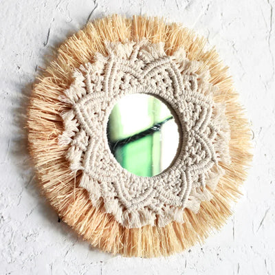 Miroir macramé tissé boho beige et jaune 35cm