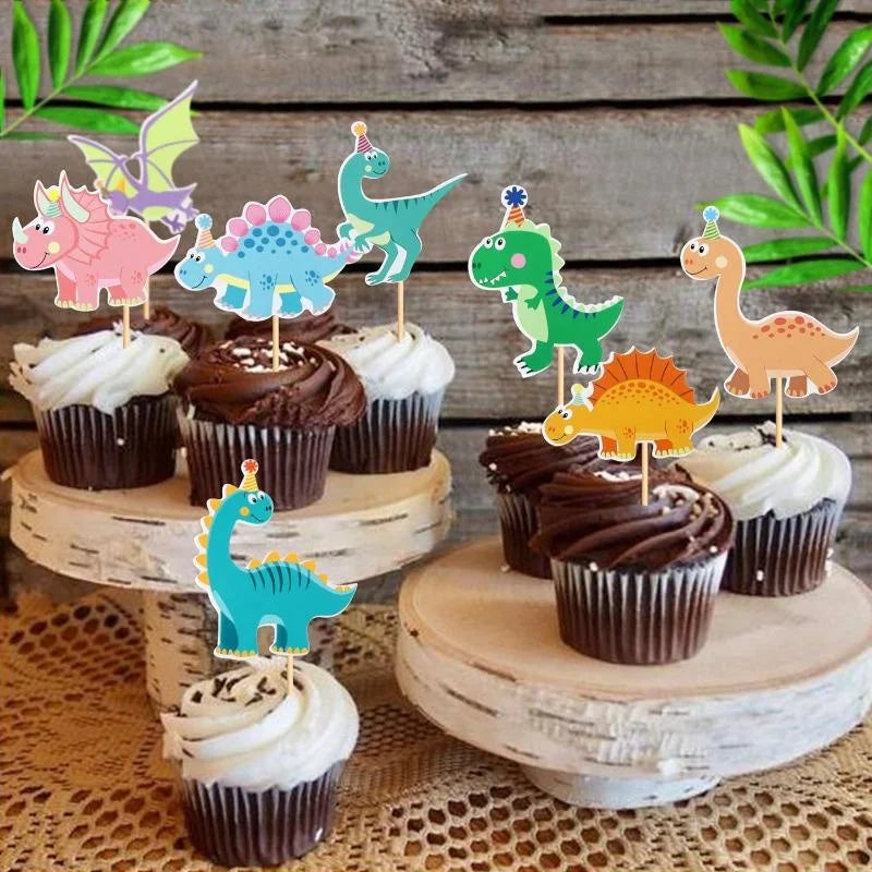 picks cupcakes dinosaures carton colorés cartoon enfant festifs chapeaux decoration anniversaire amusants gâteau toppers