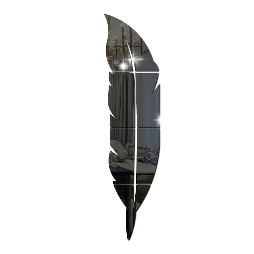 miroir mural adhésif plume stylisée décoration salon moderne acrylique argenté doré grand