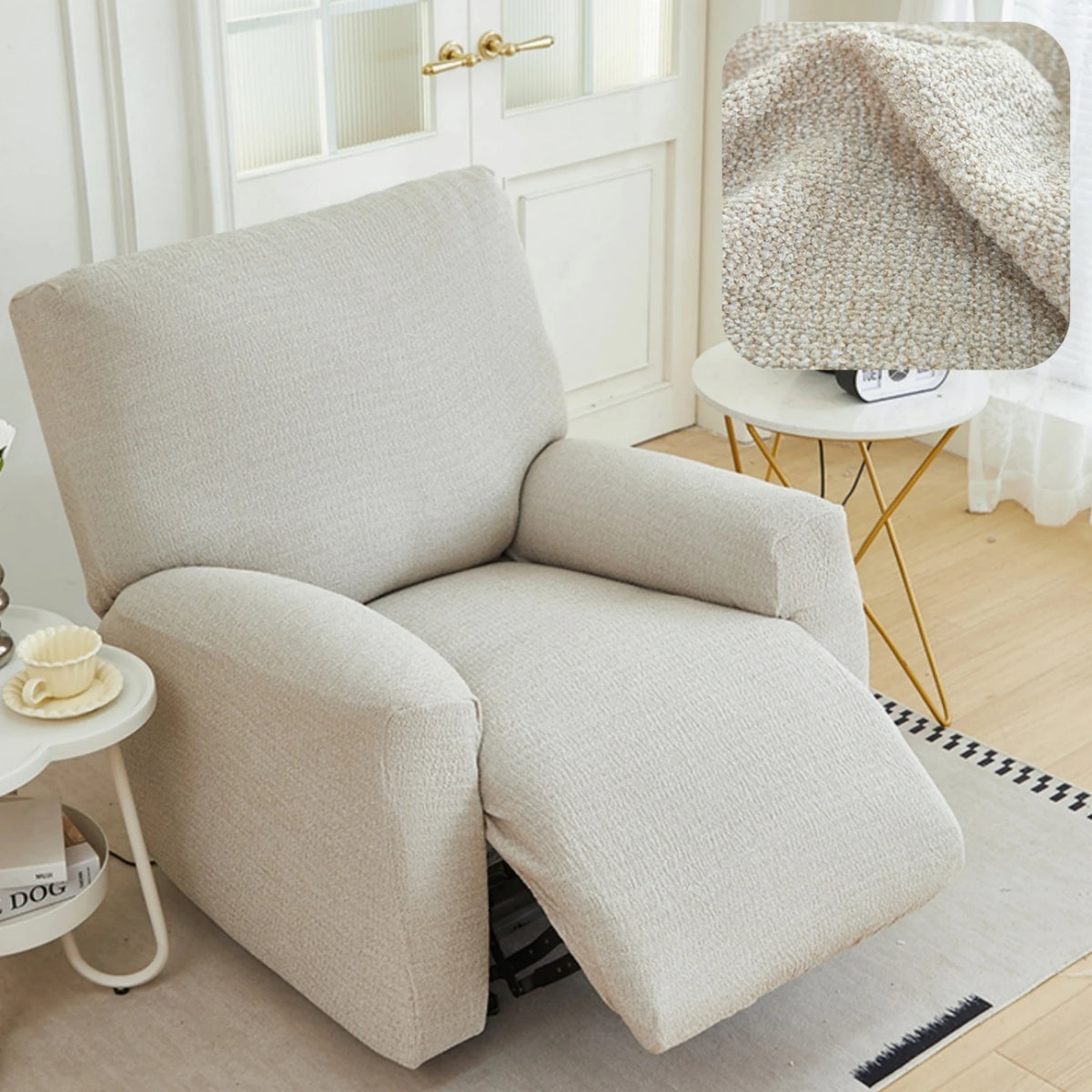 housse fauteuil inclinable beige clair tissu petits points noirs protection siège salon moderne extensible