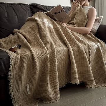 couverture coton tricot épais pompon beige clair motif géométrique canapé maison voyage décoratif