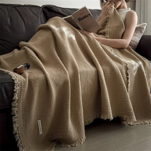 couverture coton tricot épais pompon beige clair motif géométrique canapé maison voyage décoratif