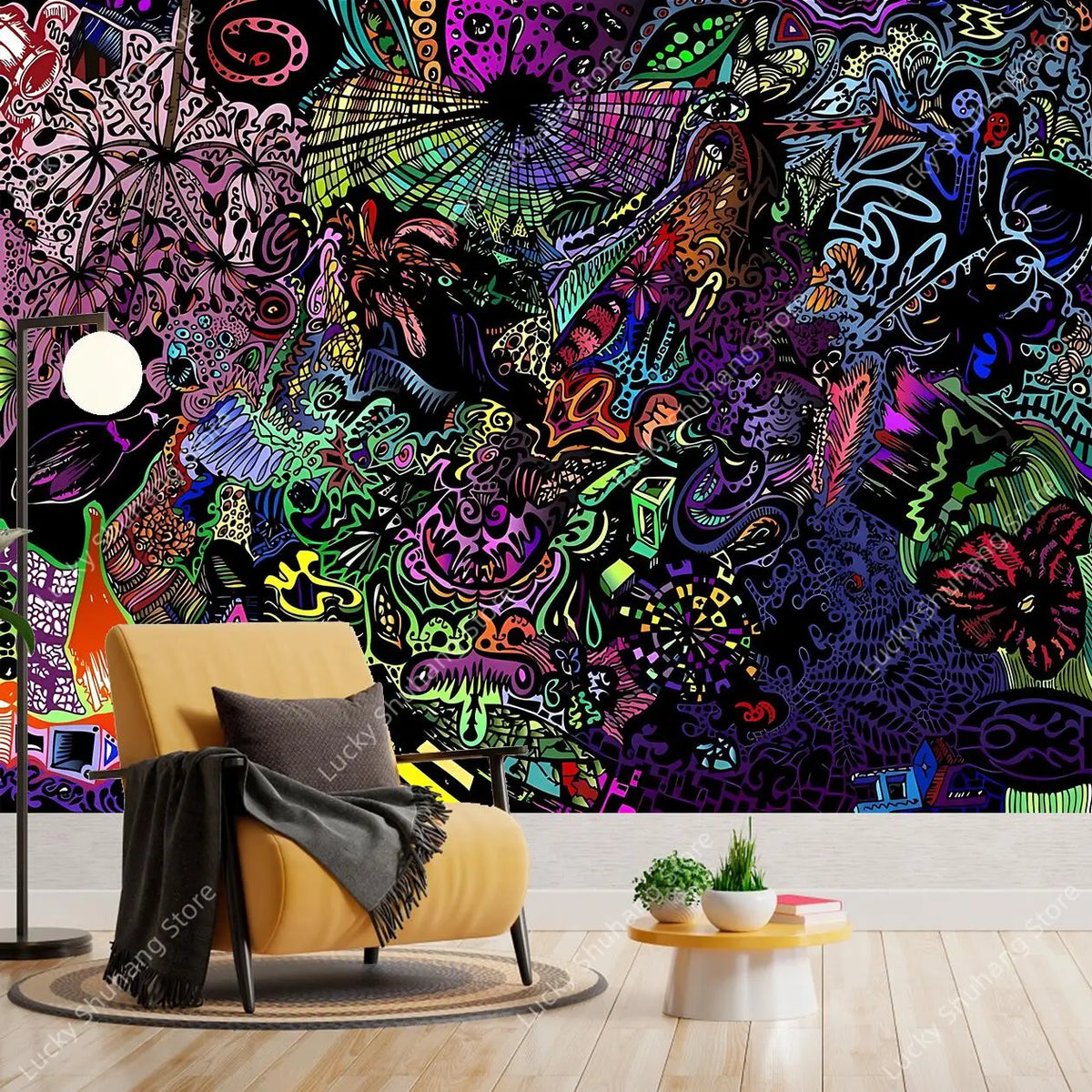 tapisserie murale art psychédélique créatures fantastiques couleurs néon décor chambre moderne pop art