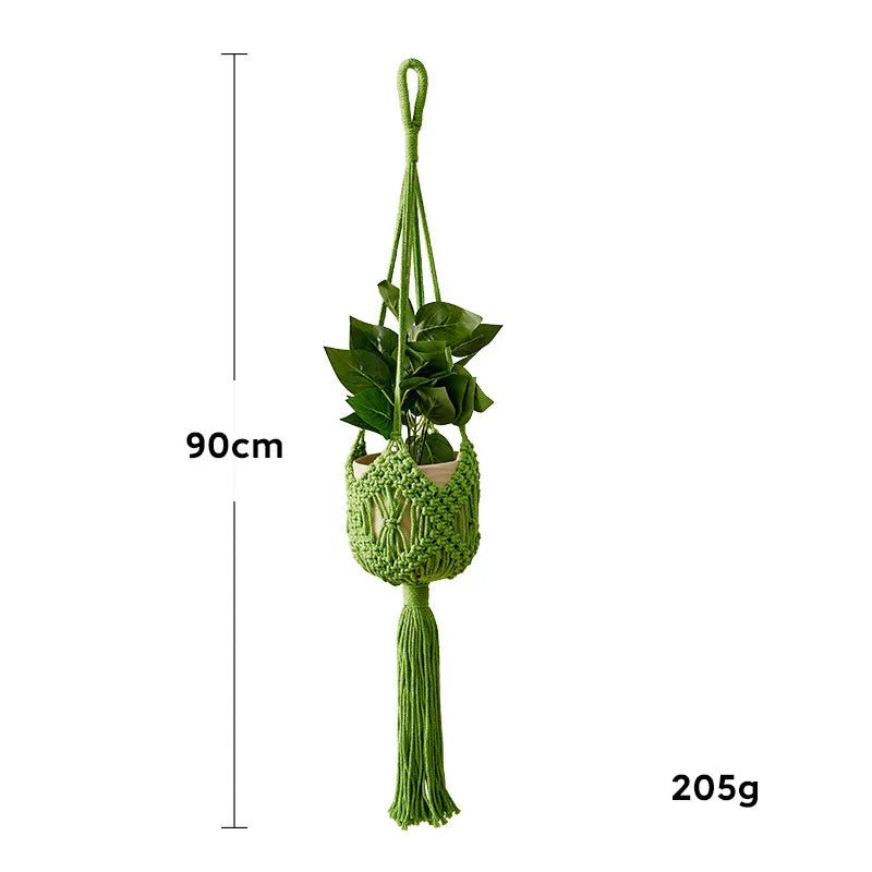 supports plante macramé tissé main motifs géométriques boho couleurs violet bleu beige vert