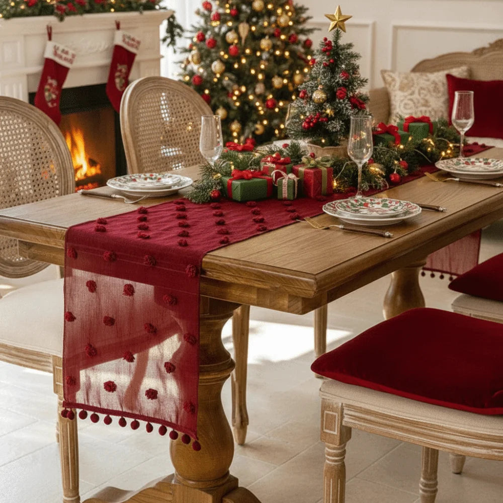 table cuisine nappe rose blanche rouge pompons décorative rustique imperméable machine festive noël pâques